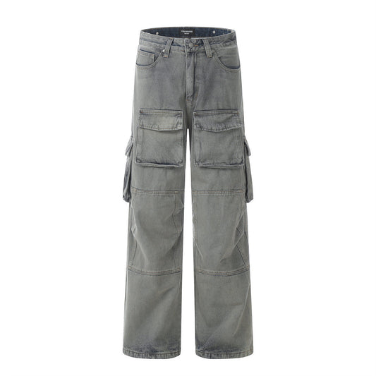 Spliced Washed Denim Cargo Pants Blue PinkLimes Trending Streetwear