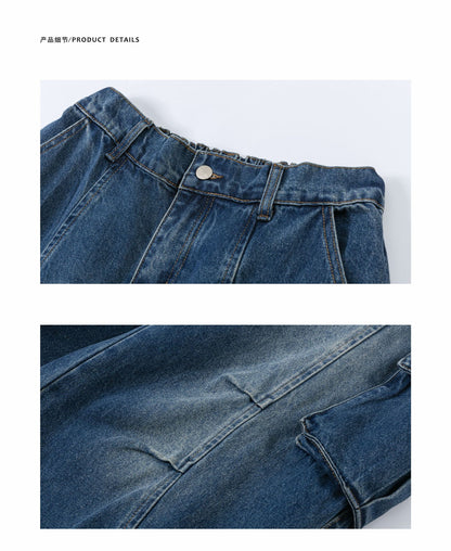 Navy Blue Cargo Washed Jeans PinkLimes Trending Streetwear