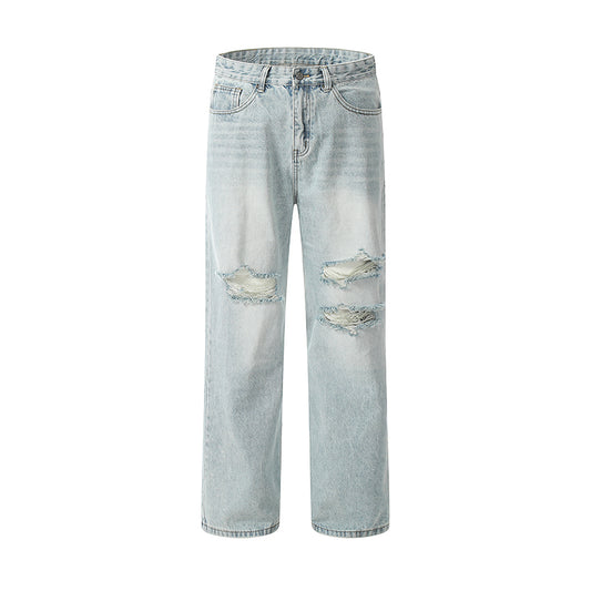 Straight-Leg Ripped Denim Jeans Blue PinkLimes Trending Streetwear