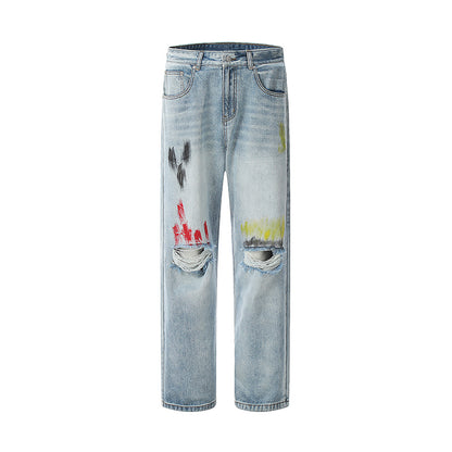 Splash-Ink Ripped Jeans Blue PinkLimes Trending Streetwear