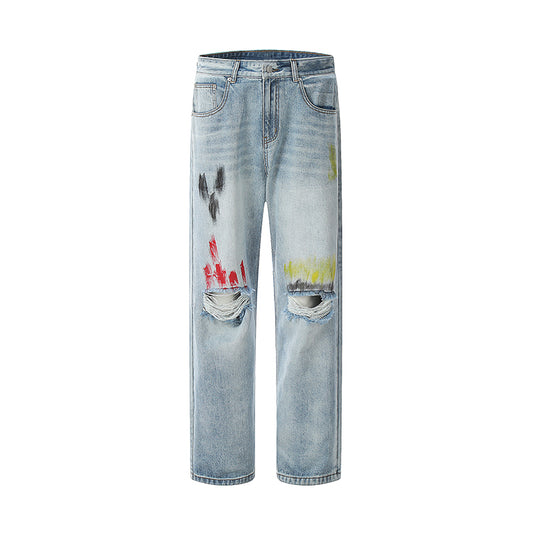 Splash-Ink Ripped Jeans Blue PinkLimes Trending Streetwear