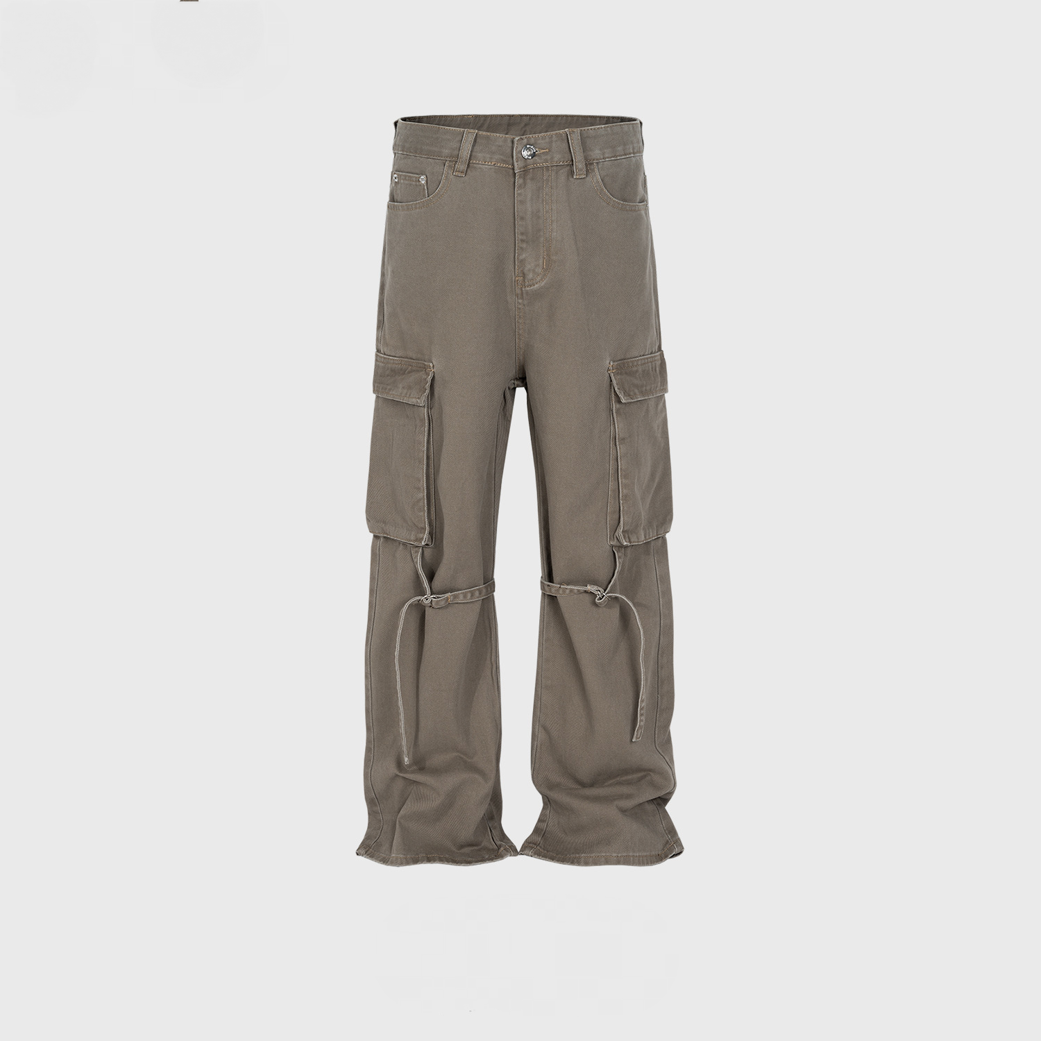 Washed Unisex Pleated Belted Jeans Brown PinkLimes Trending Streetwear