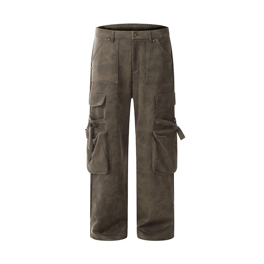 Side Pockets Straight-Leg Denim Cargo Pants Auburn PinkLimes Trending Streetwear