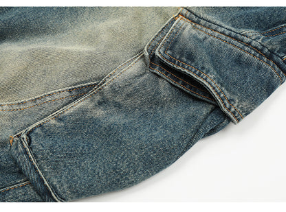 Pleated Washed Blue Denim Cargo Jeans PinkLimes Trending Streetwear
