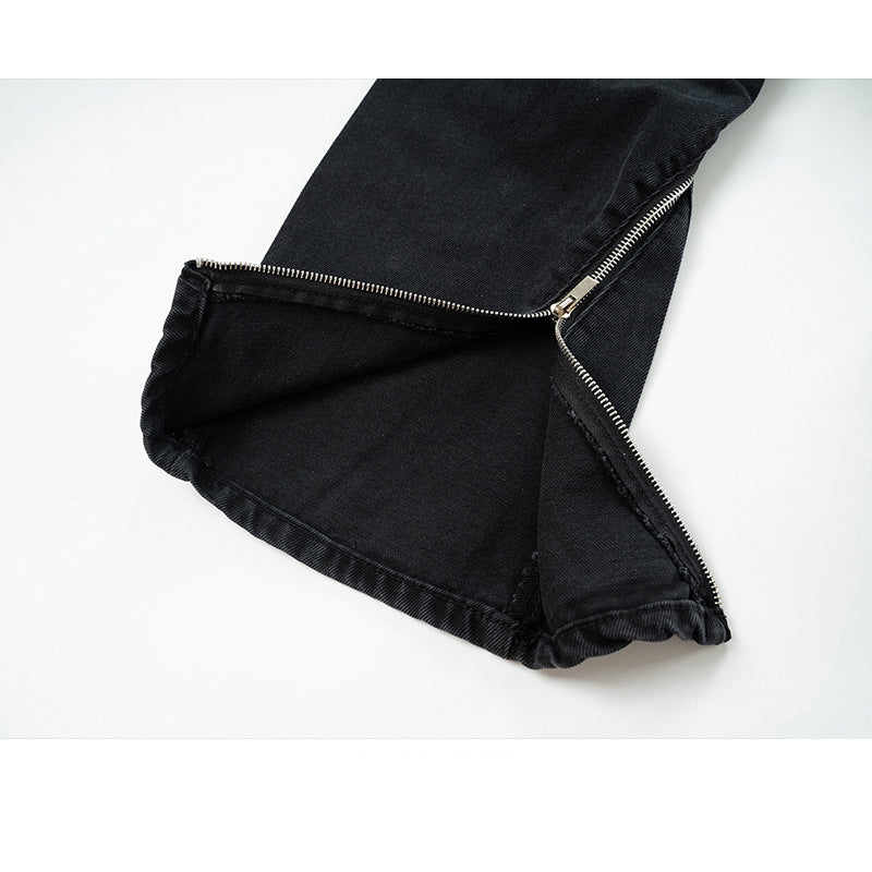 Unisex Black Zipper Slant Wide-Leg Jeans PinkLimes Trending Streetwear