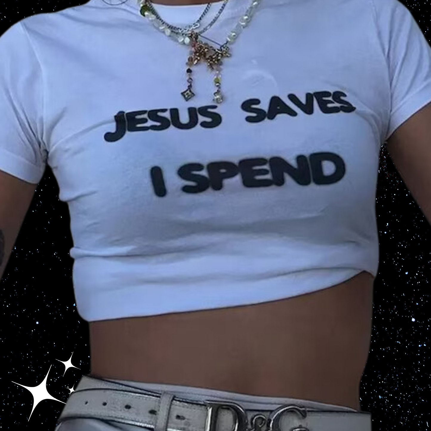 Jesus Saves I Spend Crop Tee Shirts & Tops PinkLimes Trending Streetwear