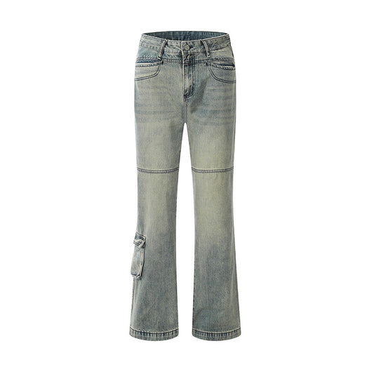 Spliced Pocket Flared Jeans Gray PinkLimes Trending Streetwear