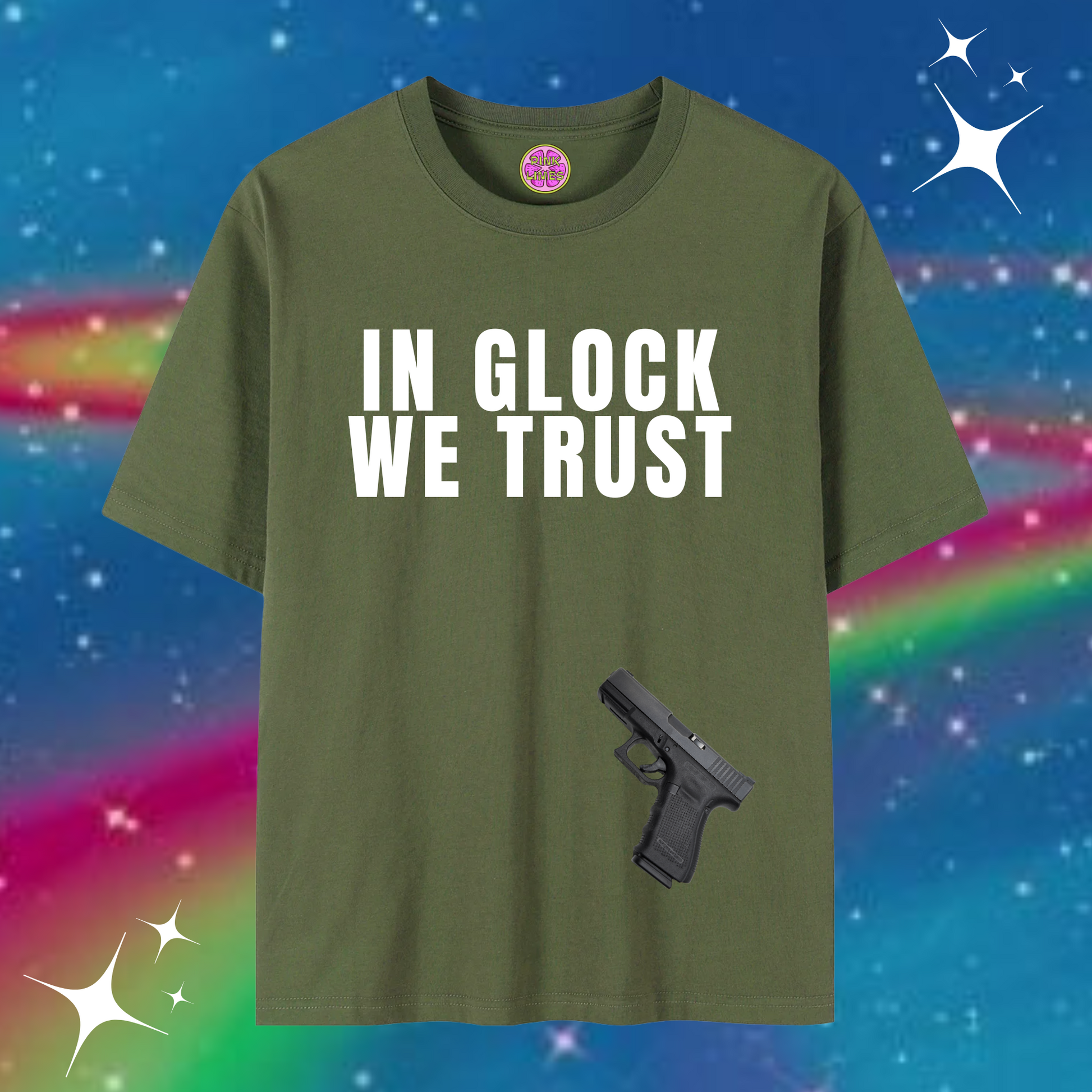 In Glock We Trust Baggy Tee Army Green Shirts & Tops PinkLimes Trending Streetwear