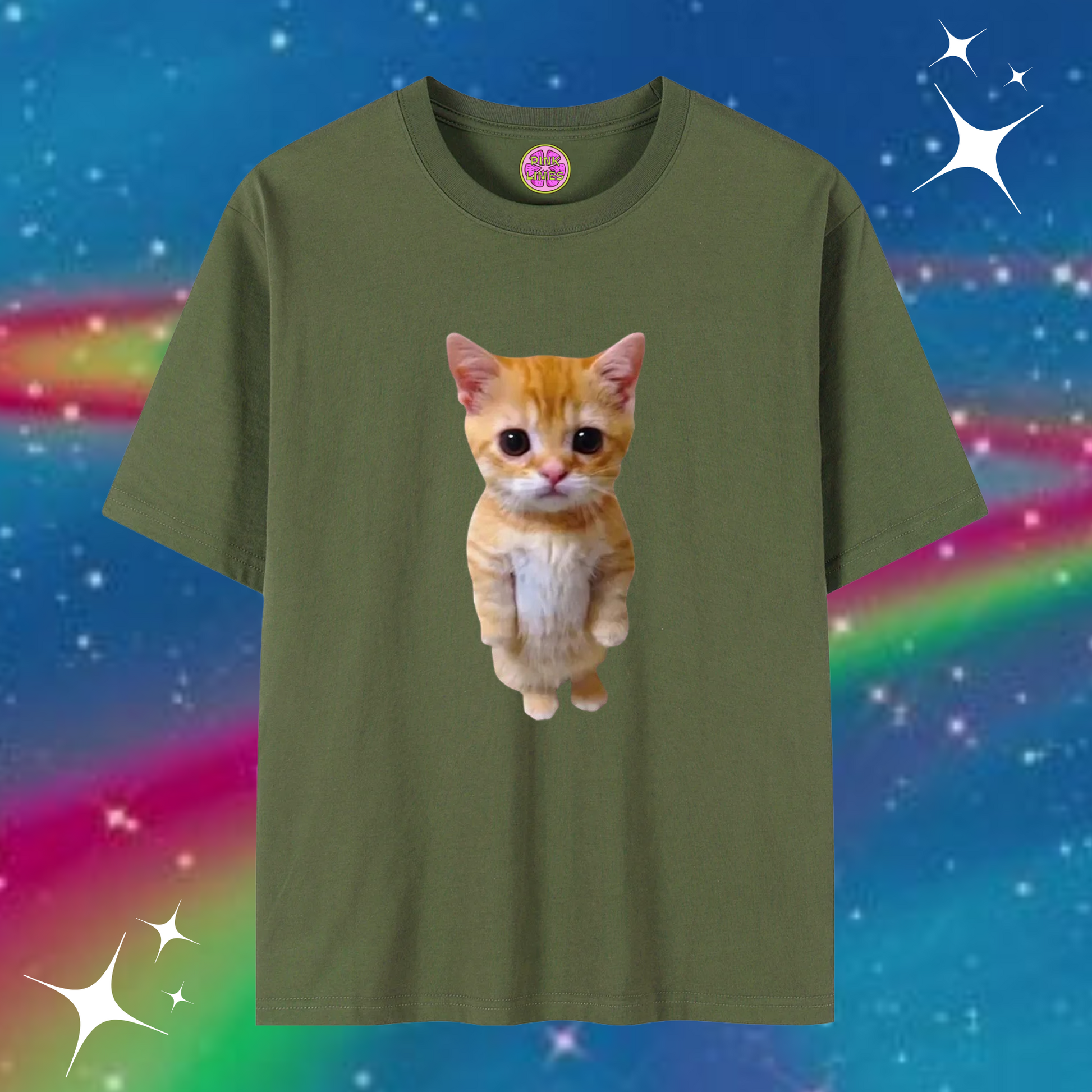 Cute Cat Baggy Tee Army Green Shirts & Tops PinkLimes Trending Streetwear