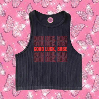 Good Luck, Babe Crop Tank Top Black Shirts & Tops PinkLimes Trending Streetwear