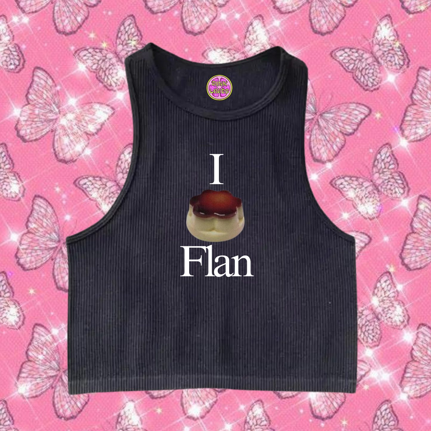 I Love Flan Crop Tank Top Black Shirts & Tops PinkLimes Trending Streetwear