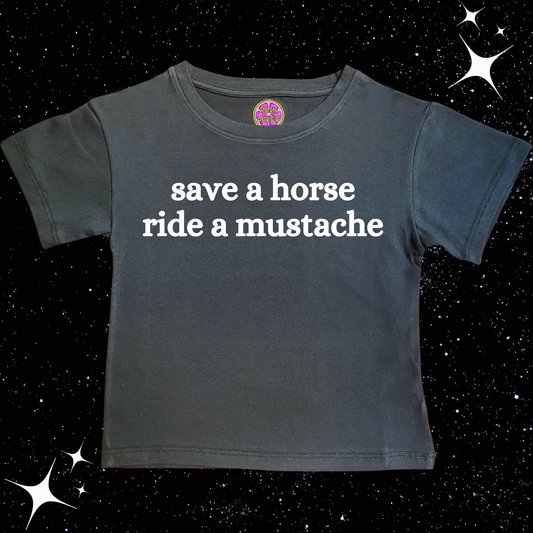 Save A Horse Ride A Mustache Crop Tee Black Shirts & Tops PinkLimes Trending Streetwear