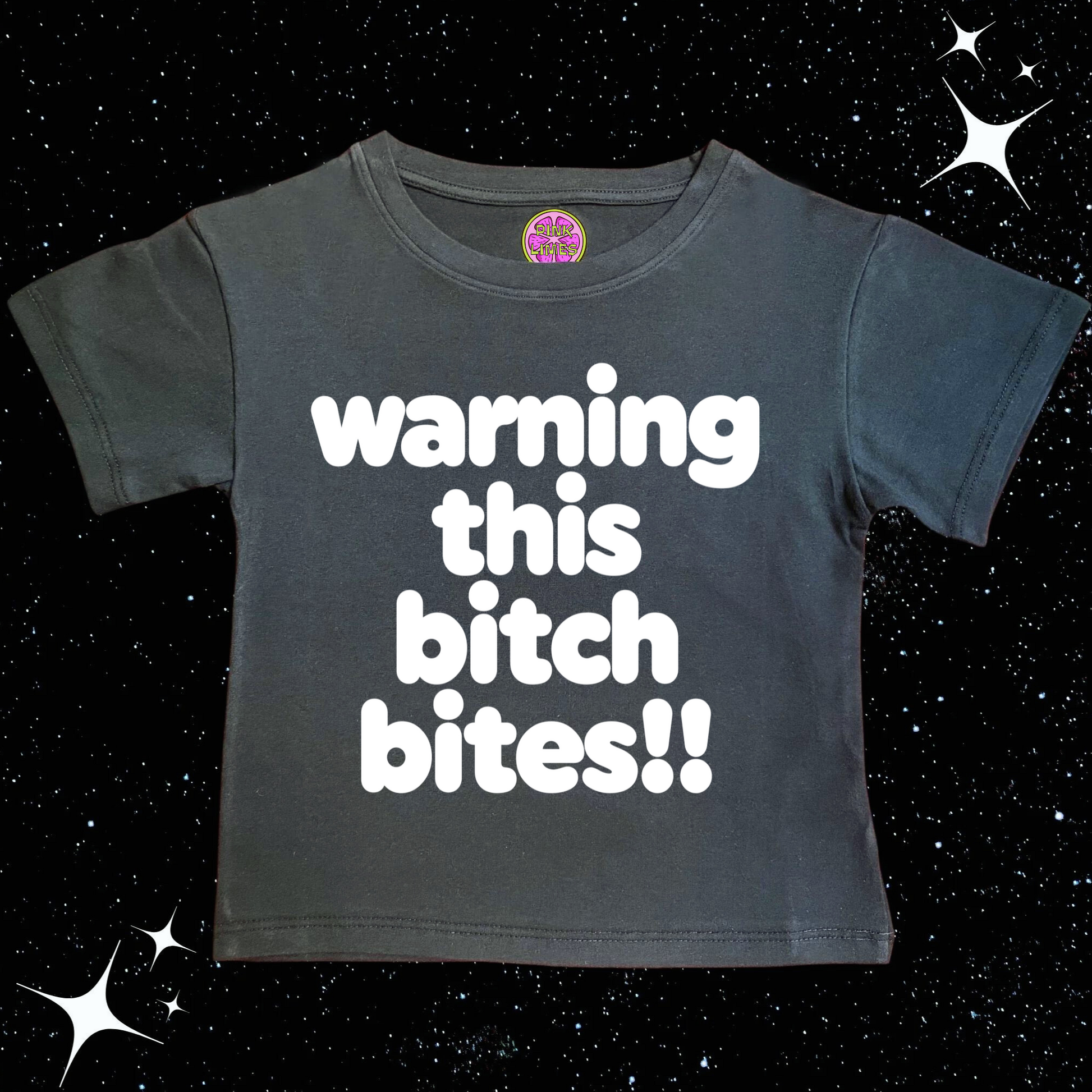 Warning This B*tch Bites Black Crop Tee Shirts & Tops PinkLimes Trending Streetwear