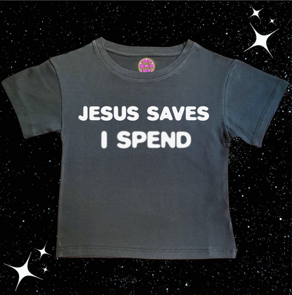 Jesus Saves I Spend Crop Tee Black Shirts & Tops PinkLimes Trending Streetwear