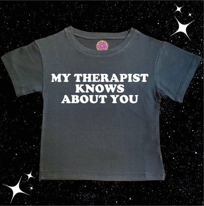 My Therapist Knows About You Crop Tee Black Shirts & Tops PinkLimes Trending Streetwear