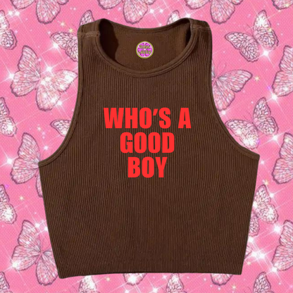 Who's A Good Boy Crop Tank Top Brown Shirts & Tops PinkLimes Trending Streetwear