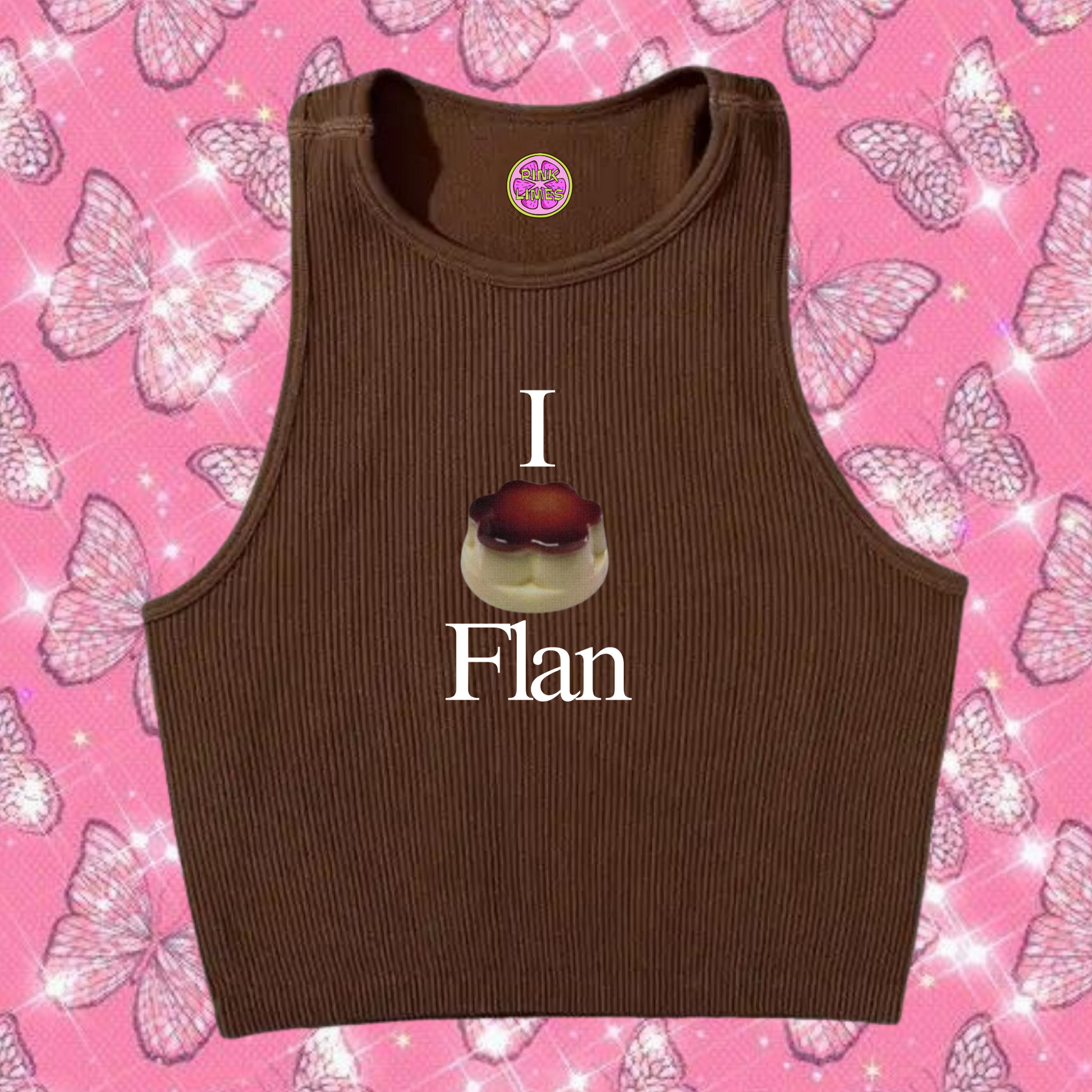 I Love Flan Crop Tank Top Brown Shirts & Tops PinkLimes Trending Streetwear