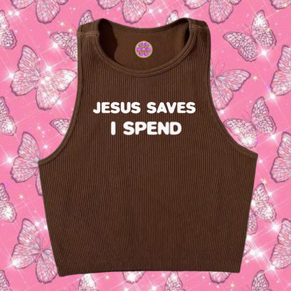 Jesus Saves I Spend Crop Tank Top Brown Shirts & Tops PinkLimes Trending Streetwear