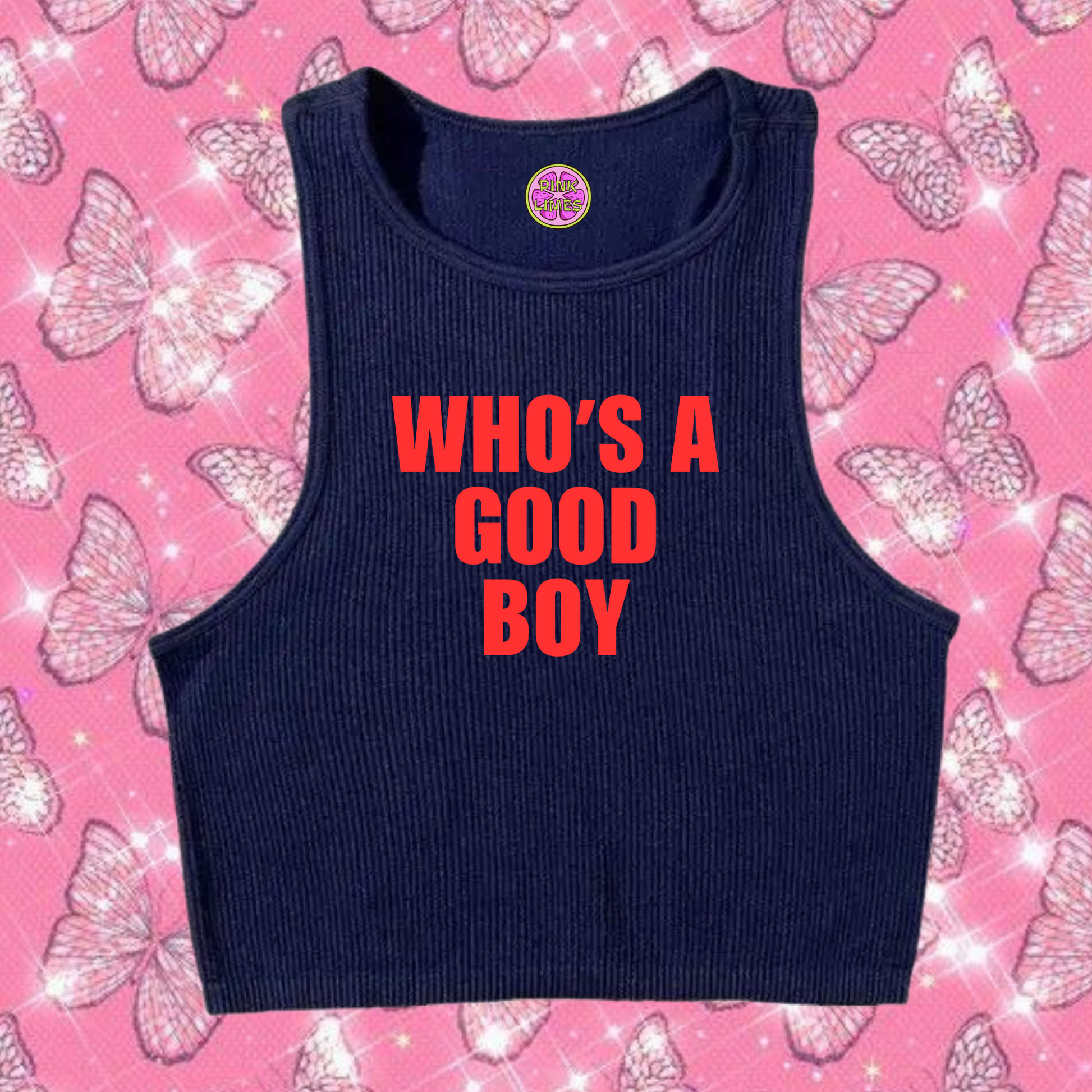 Who's A Good Boy Crop Tank Top Navy Blue Shirts & Tops PinkLimes Trending Streetwear