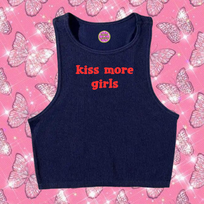 Kiss More Girls Crop Tank Top Navy Blue Shirts & Tops PinkLimes Trending Streetwear