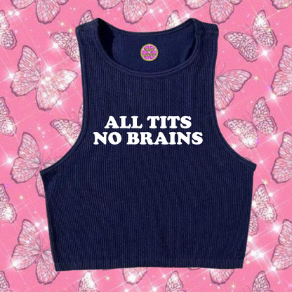 All Tits No Brains Crop Tank Top Navy Blue Shirts & Tops PinkLimes Trending Streetwear