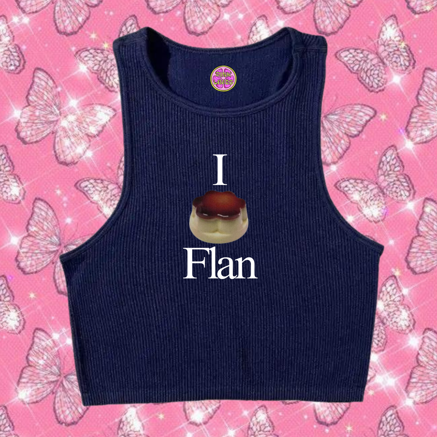 I Love Flan Crop Tank Top Navy Blue Shirts & Tops PinkLimes Trending Streetwear