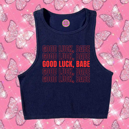 Good Luck, Babe Crop Tank Top Navy Blue Shirts & Tops PinkLimes Trending Streetwear