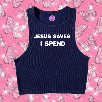 Jesus Saves I Spend Crop Tank Top Navy Blue Shirts & Tops PinkLimes Trending Streetwear