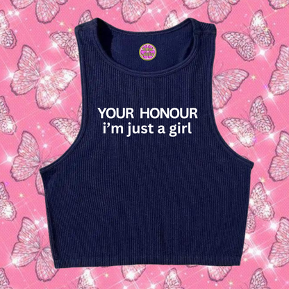 Your Honour I'm Just A Girl Crop Tank Top Navy Blue Shirts & Tops PinkLimes Trending Streetwear