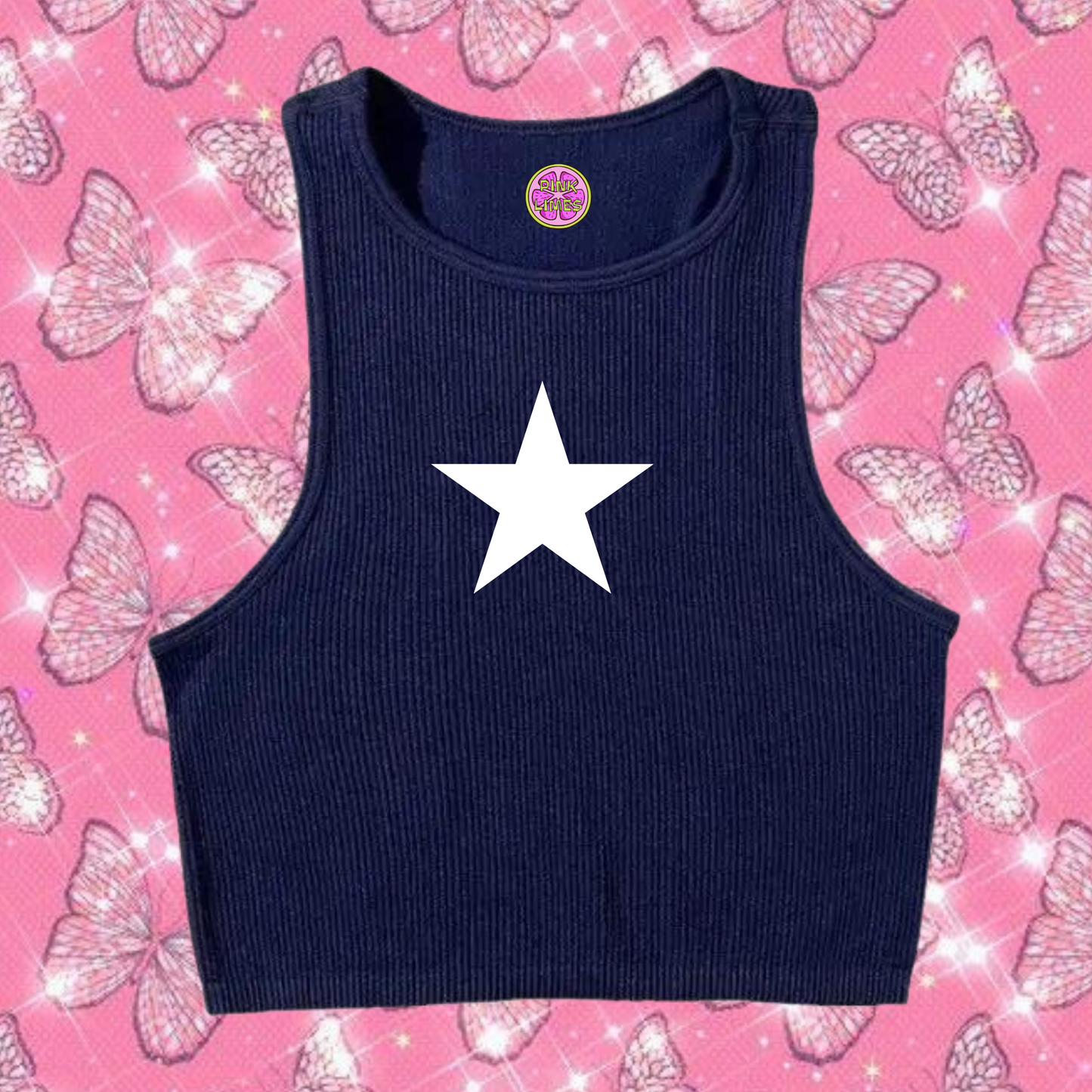Star Crop Tank Top Navy Blue Shirts & Tops PinkLimes Trending Streetwear