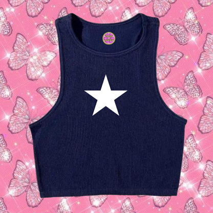 Star Crop Tank Top Navy Blue Shirts & Tops PinkLimes Trending Streetwear