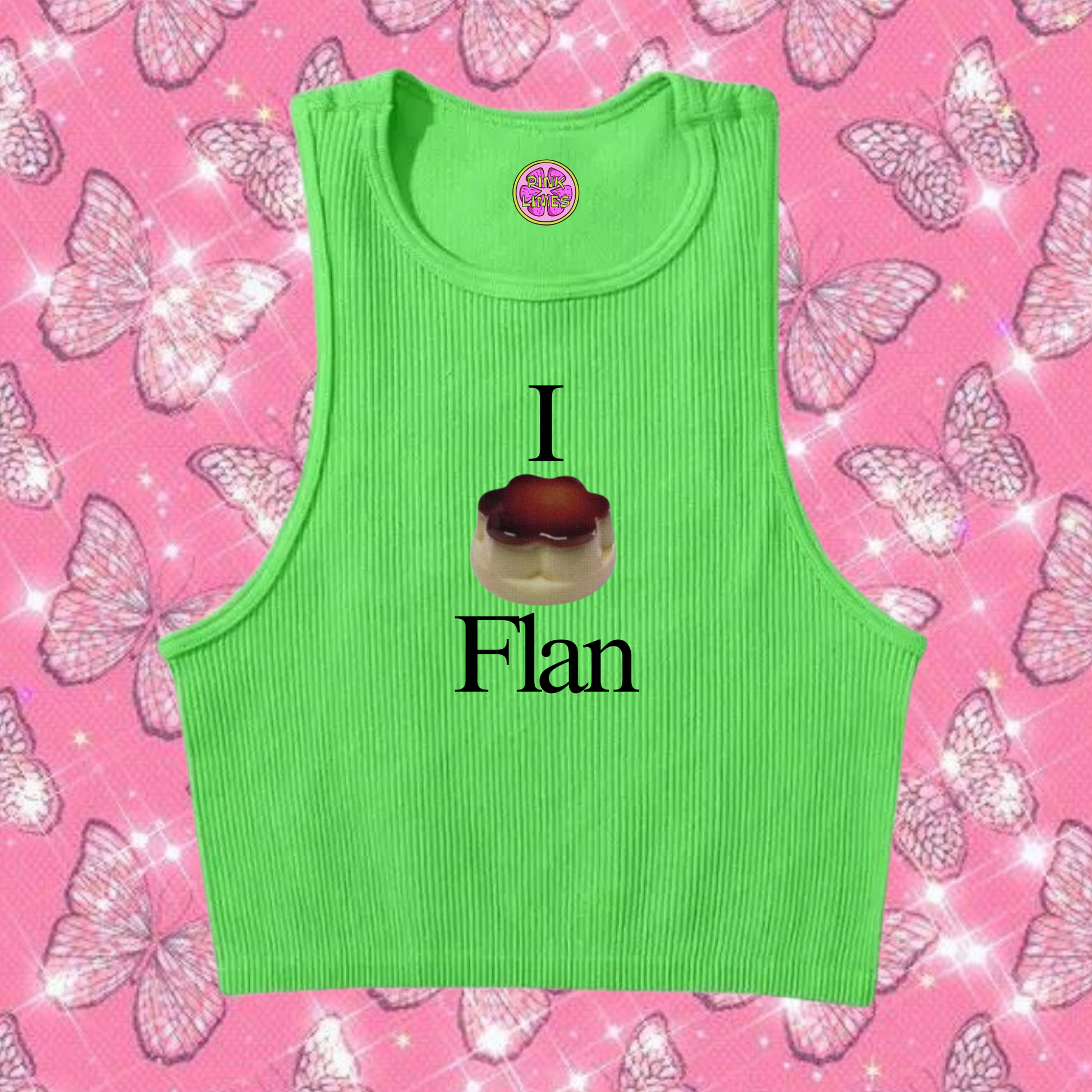 I Love Flan Crop Tank Top Green Shirts & Tops PinkLimes Trending Streetwear