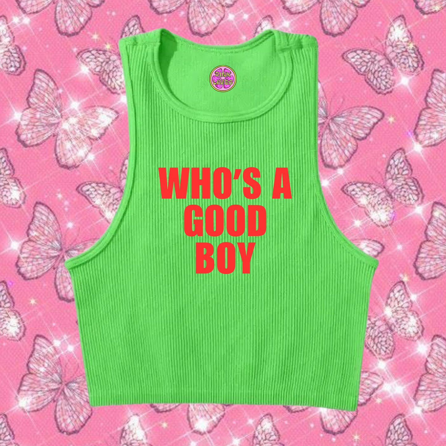 Who's A Good Boy Crop Tank Top Green Shirts & Tops PinkLimes Trending Streetwear