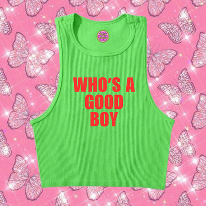 Who's A Good Boy Crop Tank Top Green Shirts & Tops PinkLimes Trending Streetwear