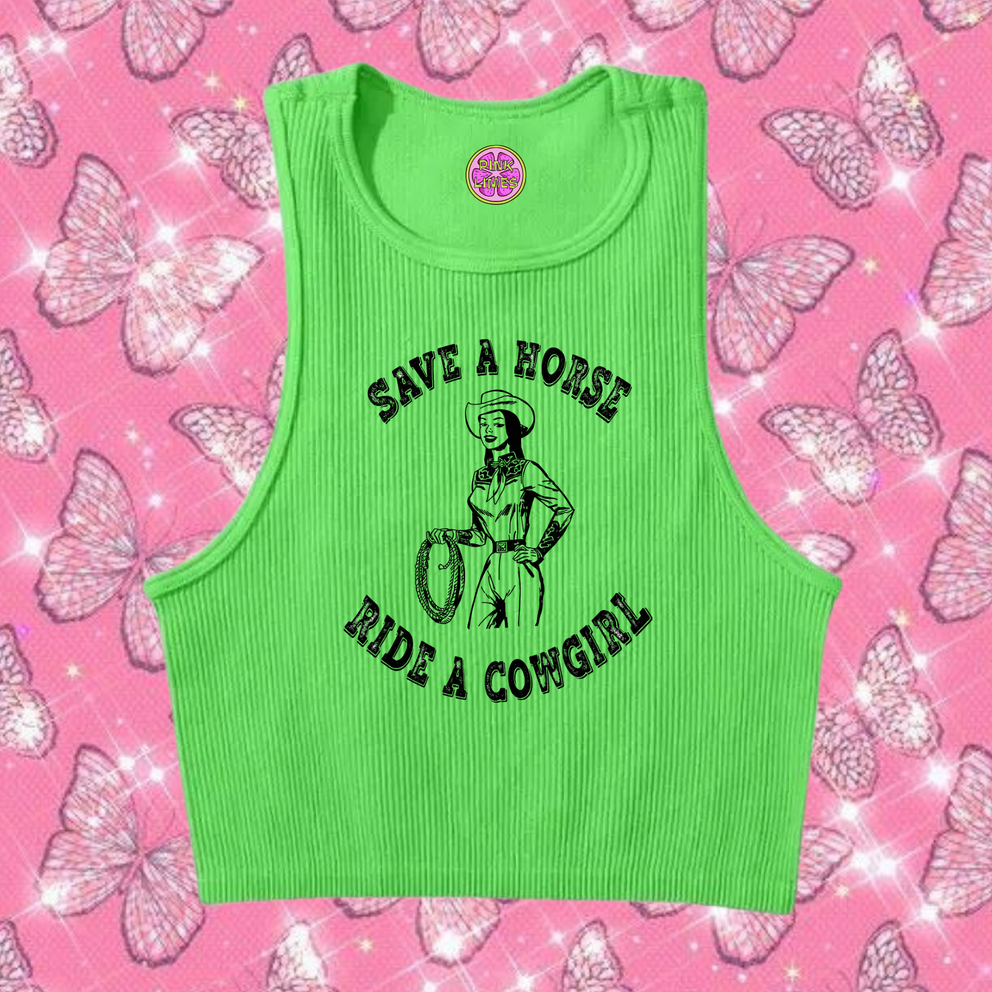 Save A Horse Ride A Cowgirl Crop Tank Top Green Shirts & Tops PinkLimes Trending Streetwear