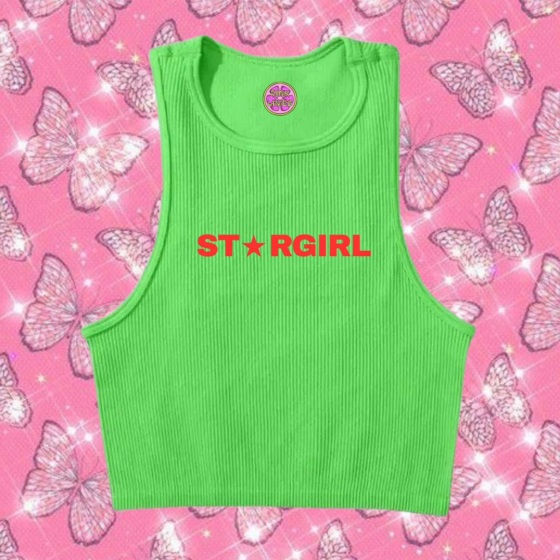 Star Girl Crop Tank Top Green Shirts & Tops PinkLimes Trending Streetwear