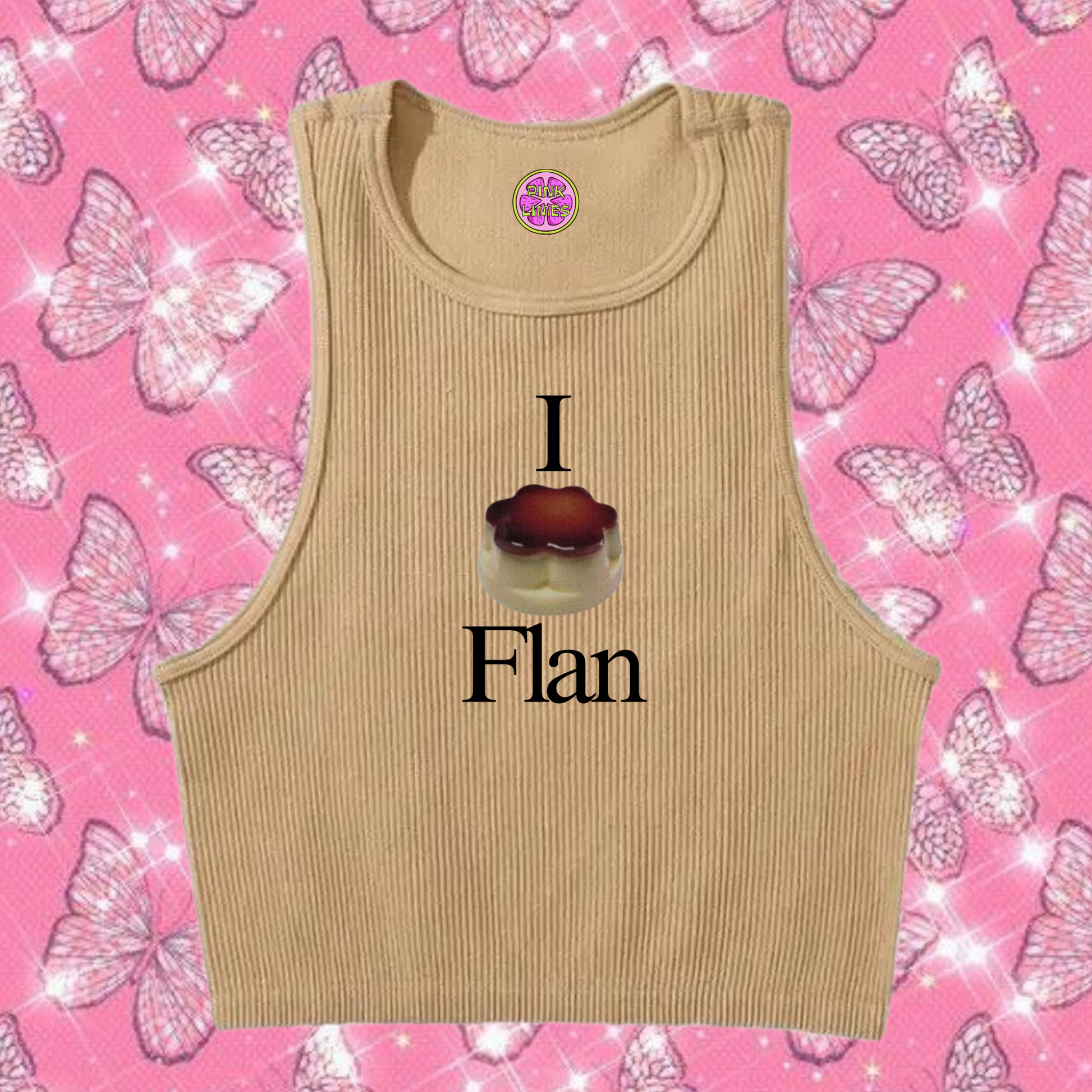 I Love Flan Crop Tank Top Khaki Shirts & Tops PinkLimes Trending Streetwear