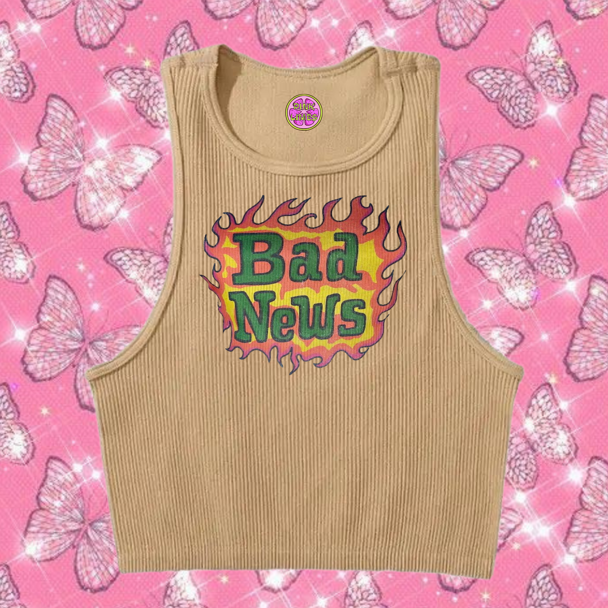 Bad News Crop Tank Top Khaki Shirts & Tops PinkLimes Trending Streetwear