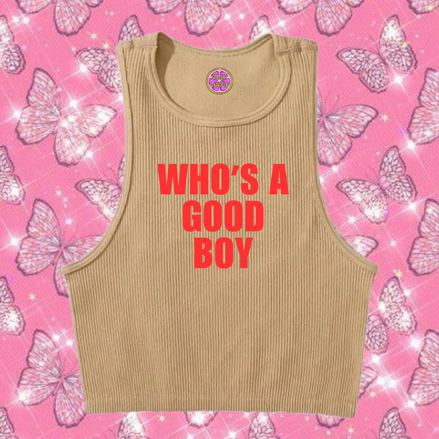 Who's A Good Boy Crop Tank Top Khaki Shirts & Tops PinkLimes Trending Streetwear