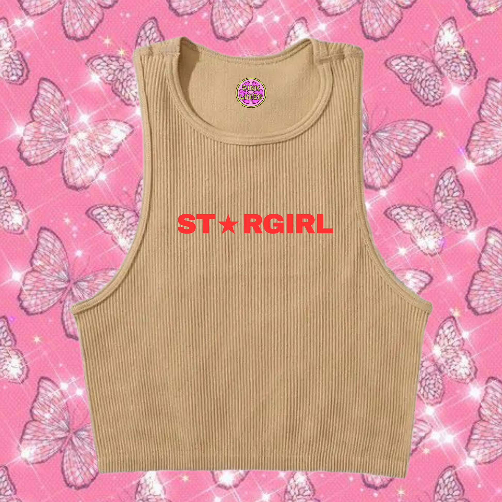 Star Girl Crop Tank Top Khaki Shirts & Tops PinkLimes Trending Streetwear