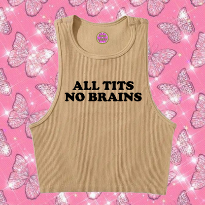 All Tits No Brains Crop Tank Top Khaki Shirts & Tops PinkLimes Trending Streetwear