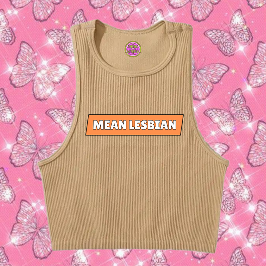 Mean Lesbian Crop Tank Top Khaki Shirts & Tops PinkLimes Trending Streetwear