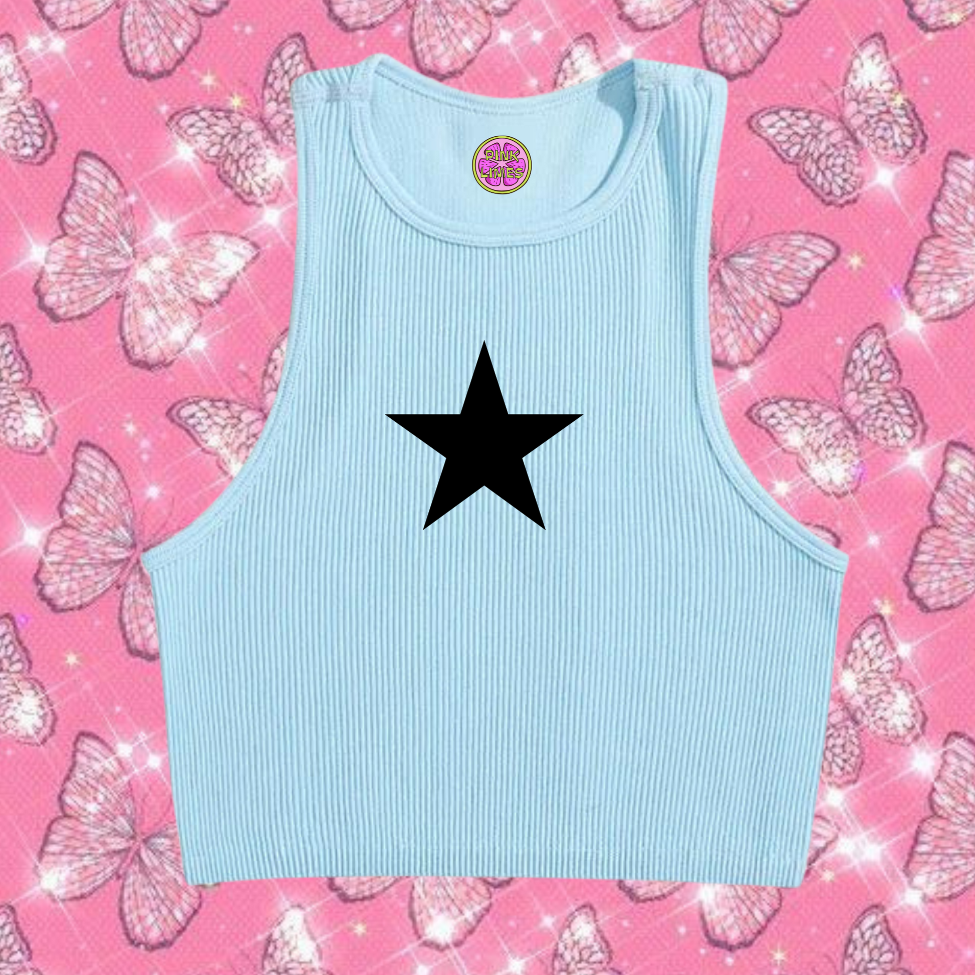Star Crop Tank Top Light Blue Shirts & Tops PinkLimes Trending Streetwear