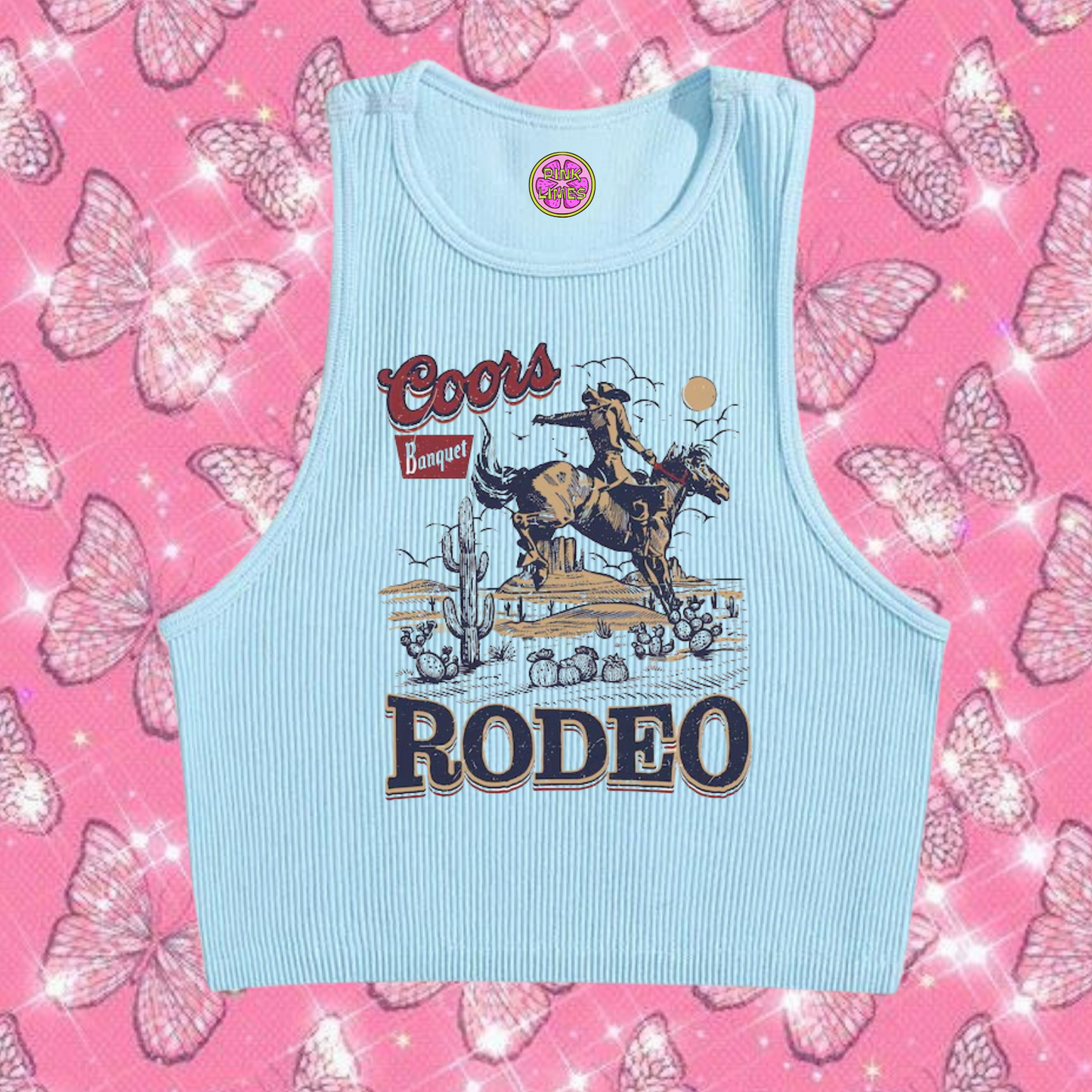 Coors Rodeo Western Crop Tank Top Light Blue Shirts & Tops PinkLimes Trending Streetwear