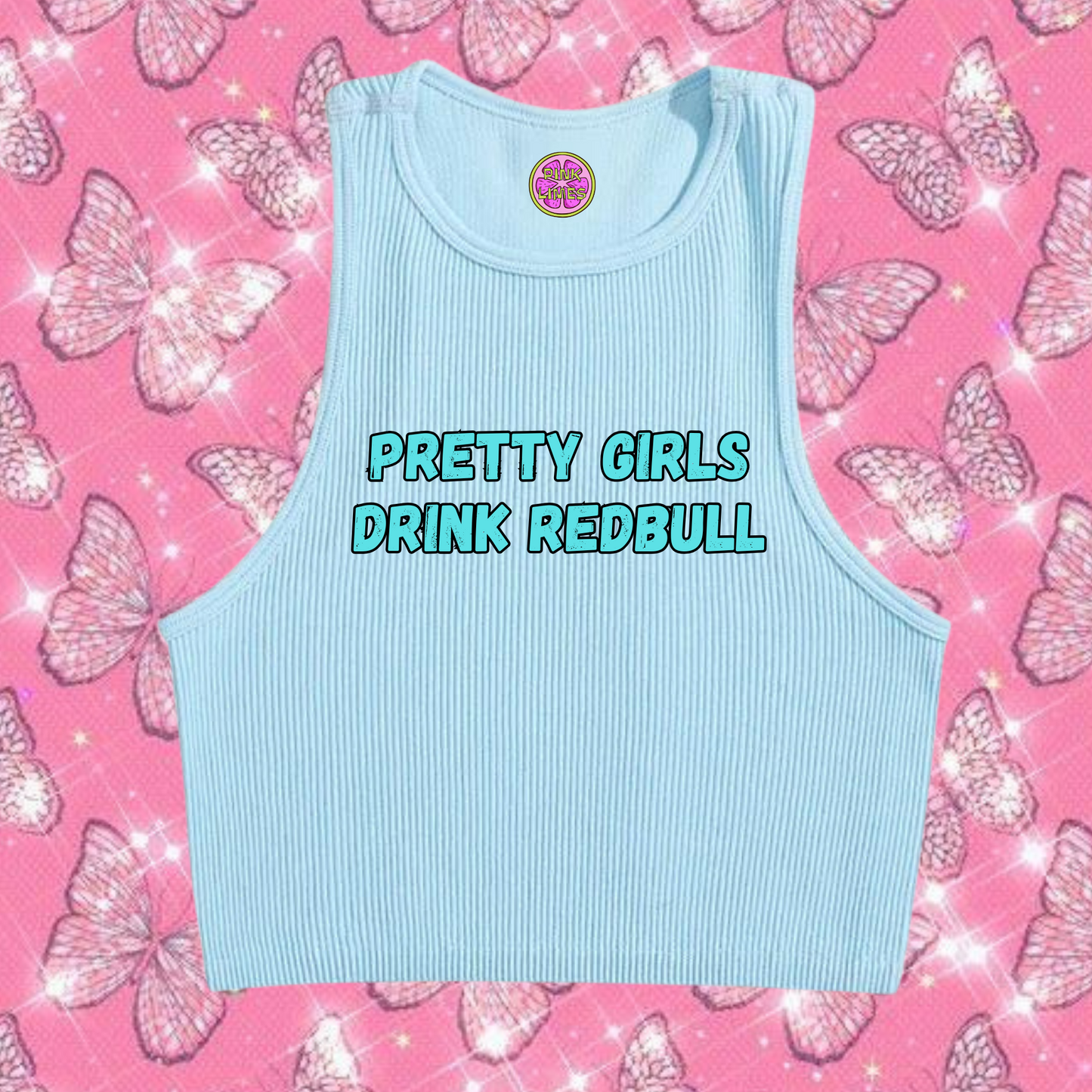 Pretty Girls Drink Redbull Crop Tank Top Light Blue Shirts & Tops PinkLimes Trending Streetwear