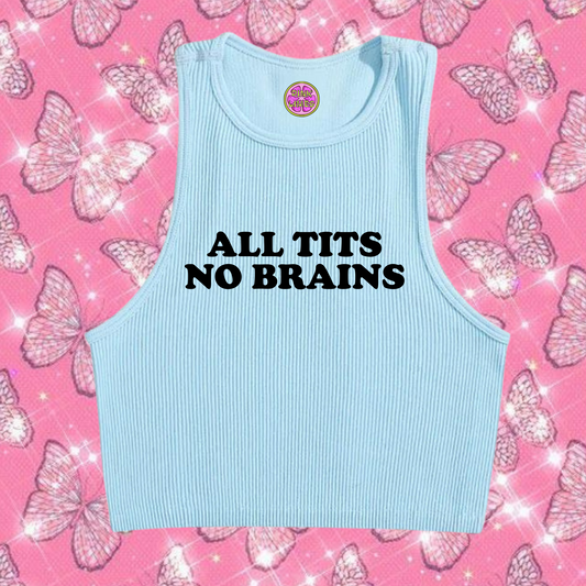 All Tits No Brains Crop Tank Top Light Blue Shirts & Tops PinkLimes Trending Streetwear