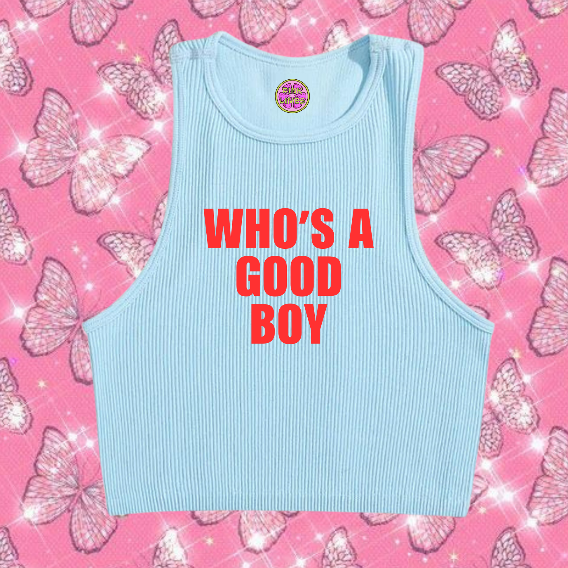 Who's A Good Boy Crop Tank Top Light Blue Shirts & Tops PinkLimes Trending Streetwear