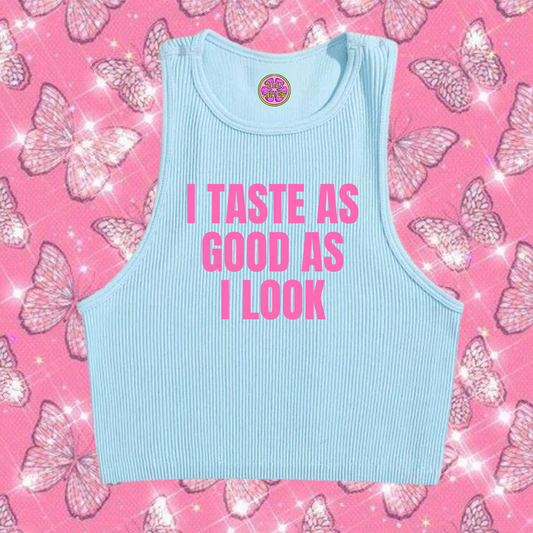 I Taste As Good As I Look Crop Tank Top Light Blue Shirts & Tops PinkLimes Trending Streetwear