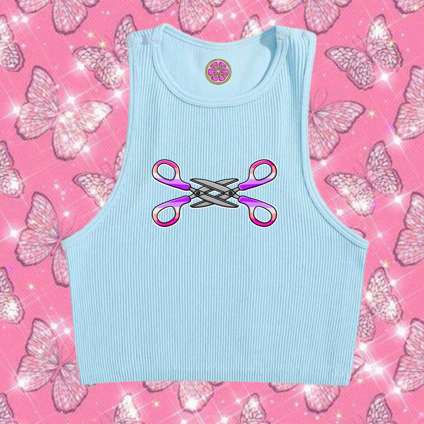 Scissor Love Crop Tank Top Light Blue Shirts & Tops PinkLimes Trending Streetwear