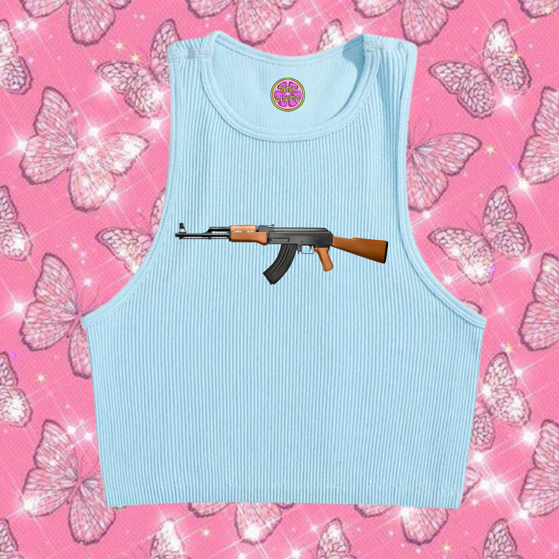 AK47 Crop Tank Top Light Blue Shirts & Tops PinkLimes Trending Streetwear